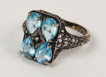 Antique ART DECO Sterling Silver Blue Topaz & Diamond  Victorian Design Ring