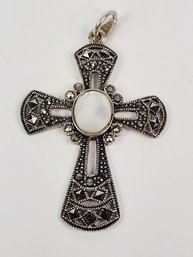 Stunning Vintage Sterling Silver Marcasite & Mother Of Pearl Cross Pendant