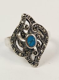 Vintage Sterling Silver Marcasite & Turquoise Inlay Ring