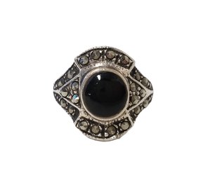 Vintage Sterling Silver Marcasite & Black Onyx Ring - Size 5.5