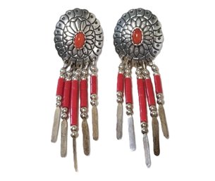 Vintage TK Sterling Silver Hand Made Native American Oval Coral Studs W/Beaded Fringe Drop Dangle Earrings