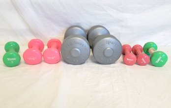 Lot Of 8 Various Size Strength Training Dumbbells By:  York, Golds Gym &  Pro Sports