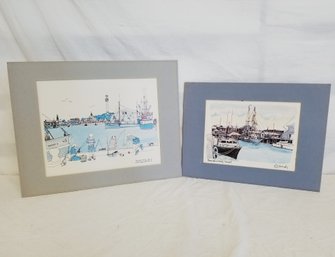 1970 Bannisters Wharf Newport & Provincetown Harbor Cape Cod 1981 Pen/ink Matted Sketches Signed