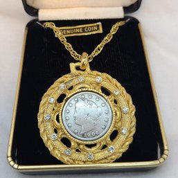 Beautiful Gold Tone Necklace With Authentic 1904 Liberty Nickel Coin