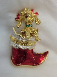 Vintage 'MYLU' Christmas Santa Boot With Poodle Pin / Brooch