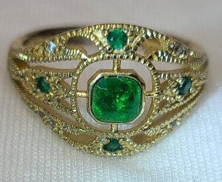 Gold Plated Sterling Silver Size 7 Ring With Green Stones ~ 3.08 Grams