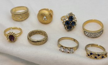 Lot Of 8 Assorted Gold Tone Rings ~ Many With Gemstones