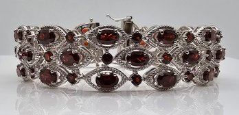 Stunning Red Garnet 3 Row Bracelet In Platinum Over Sterling