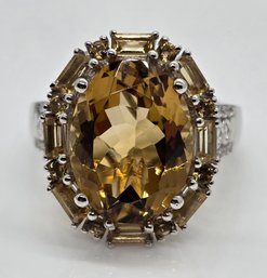 Brazilian Citrine, White Zircon Halo Ring In Platinum Over Sterling