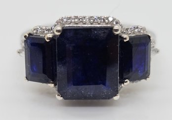 Blue Sapphire, White Zircon Ring In Platinum Over Sterling