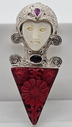 Sajen Silver Simulated Cinnabar, Multi-Gemstone Carved Pendant In Sterling