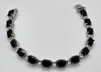 Black Tourmaline, White Topaz Bracelet In Platinum Over Sterling