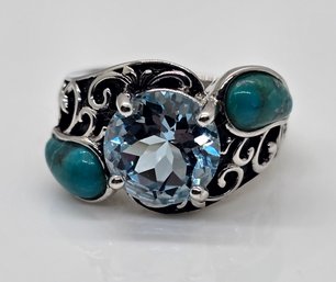 Sky Blue Glacier Topaz & Turquoise, Rhodium Over Sterling Ring