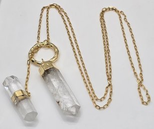 White Crystal Pencil Shaped Pendant Necklace In Goldtone