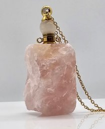 Rose Quartz Perfume Bottle Pendant Necklace In Plated Yellow Gold Stainless Steel