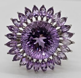 120 Facets Rose De France Amethyst Sunflower Ring In Platinum Over Sterling