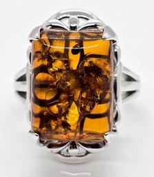 Orange Amber, Rhodium Over Sterling Ring