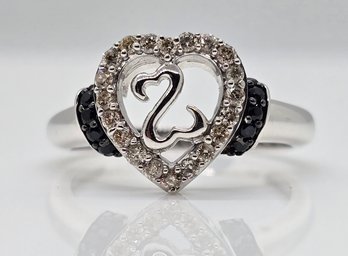 White Diamond, Black Spinel, Rhodium Over Sterling Ring