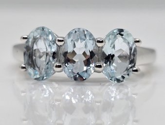 Blue Aquamarine, White Diamond, Rhodium Over Sterling Ring