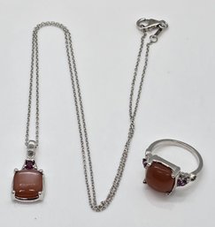 Peach Moonstone, Red Garnet Ring & Pendant Necklace In Platinum Over Sterling