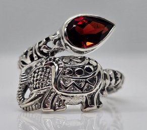 Bali, Red Garnet Elephant Bypass Ring In Sterling