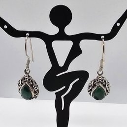 African Malachite Dangle Earrings In Sterling