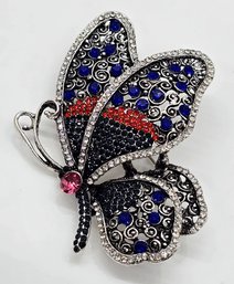 Multi-Color Austrian Crystal Butterfly Brooch In Silvertone