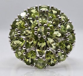 Peridot, White Zircon Floral Spray Ring In Platinum Over Sterling