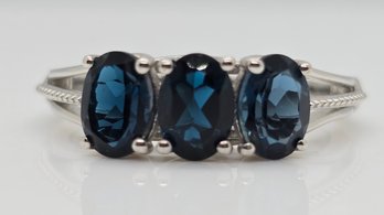 London Blue Topaz 3 Stone Ring In Platinum Over Sterling