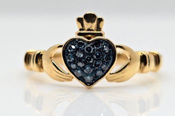 Blue Diamond Claddagh Ring In Yellow Gold Over Sterling