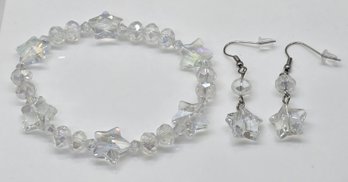 White Aurora Borealis Glass Beaded Bracelet & Earrings In Stainless & Silvertone