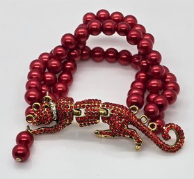 Faux Red Pearl, Red Austrian Crystal Multi-row Bracelet With Leopard Charm