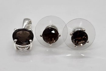 Smoky Quartz Stud Earrings & Pendant In Sterling