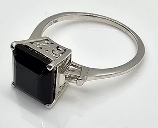 Black Tourmaline, White Topaz Ring In Platinum Over Sterling