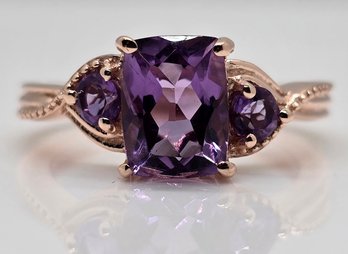 Rose De France Amethyst 3 Stone Ring In 14k Rose Gold Over Sterling