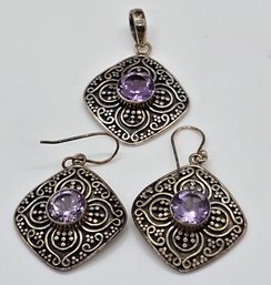 Pair Of Rose De France Amethyst Earrings & Pendant In Sterling