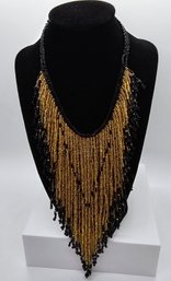 Gold Glass And Black Seed Beaded Waterfall Necklace