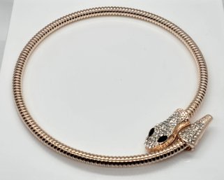 White Austrian Crystal, Black Glass Snake Link Chain Necklace In Gold Tone