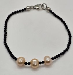 Peach Freshwater Pearl, Black Spinel Bracelet In Sterling