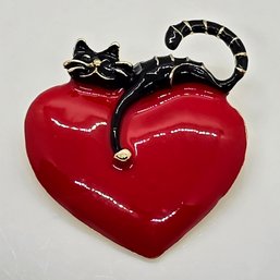 Enameled Cat On Heart Brooch