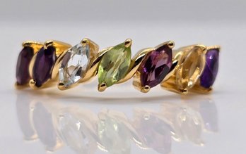 Multi-Gemstone 7 Stone Ring In Yellow Gold Over Sterling