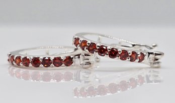 Faux Garnet Color Diamond Hoop Earrings In Sterling