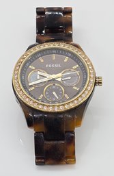 Vintage Fossil Brown Tortoise Watch, Day & Date, Crystal Accents, New Battery