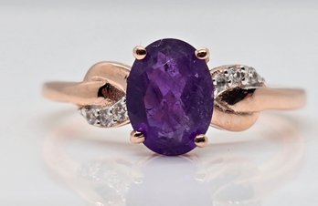 Amethyst, White Zircon Ring In Rose Gold Over Sterling