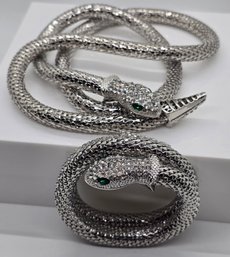 Austrian Crystal, Green Resin Snake Bracelet & Necklace In Silvertone