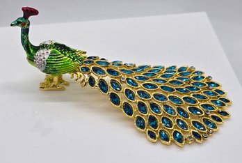 Very Colorful Crystal And Enamel Peacock Trinket Box