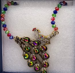 Simulated Multi-Color Topaz, Multi-Color Crystal Peacock Necklace In Goldtone