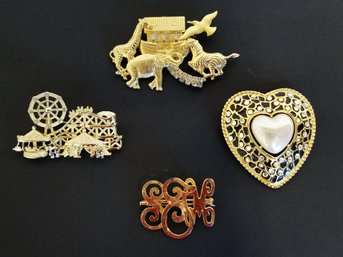 Beautiful Selection Of Four Large Vintage Gold-tone Fashion Brooches