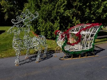 Wonderful Very Large Metal Framed Christmas Outdoor Sleigh With 2 Reindeer Decoration Lighted