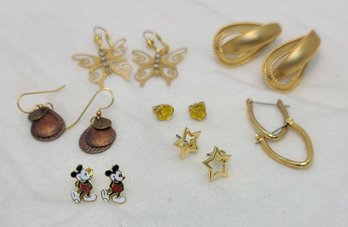 Lot Of 7 Gold Tone Fashion Earrings Incl. A Pair Of Authentic DISNEY Mickey Mouse & Stars Earrings